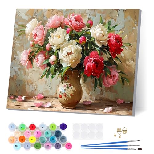 EOBROMD Pfingstrose Malen Nach Zahlen Erwachsene mit Rahmen, Malen Nach Zahlen Blumen, Paint by Numbers, DIY Leinwand Handgemalt Ölgemälde Set für Home Decor 30x40cm von EOBROMD