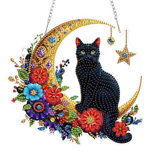 EOBROMD Schwarze Katze Diamond Painting Fensterbilder, 5D Mond Diamond Painting Anhänger Deko mit Kette, Blumen Diamant Malerei für Wand Und Eingang Dekoration von EOBROMD