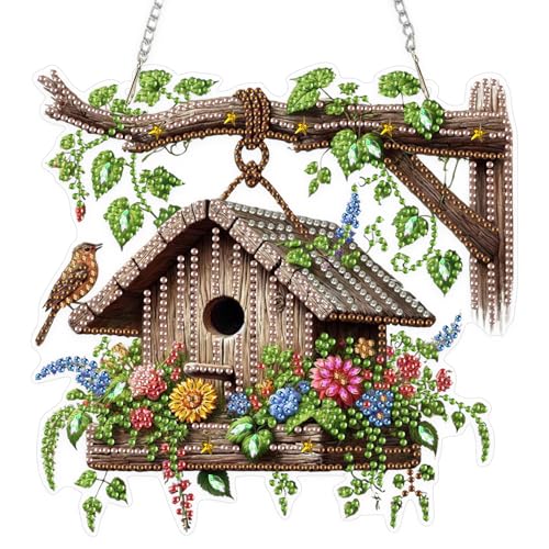 EOBROMD Vogelhaus Diamond Painting Fensterbilder, 5D Blumen Diamond Painting Anhänger Deko mit Kette, Diamant Malerei für Wand Und Eingang Dekoration EOBROMD Vogelhaus Diamond Painting Fensterbilder, 5D Blumen Diamond Painting Anhänger Deko mit Kette, Diamant Malerei für Wand Und Eingang Dekoration von EOBROMD