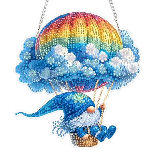 EOBROMD Zwerg im Heißluftballon Diamond Painting Fensterbilder, 5D Diamond Painting Anhänger Deko mit Kette, Diamant Malerei für Wand Und Eingang Dekoration von EOBROMD