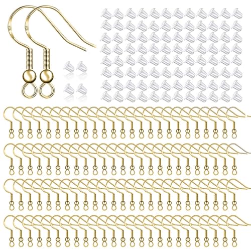 EODKSE 200 Stück 925 Versilberte Ohrringhaken Hypoallergene Ohrhaken für Die Herstellung von DIY Ohrringen mit Durchsichtigen Ohrring Sicherheitsrücken und Biegeringen (Gold) von EODKSE