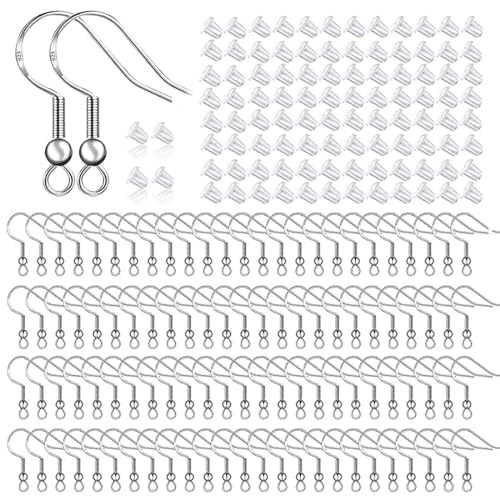 EODKSE 200 Stück 925 Versilberte Ohrringhaken Hypoallergene Ohrhaken für Die Herstellung von DIY Ohrringen mit Durchsichtigen Ohrring Sicherheitsrücken und Biegeringen (Silber) von EODKSE
