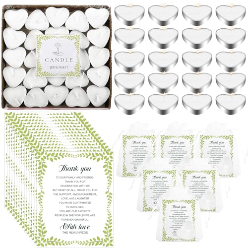 EOGRFW 100 Stück Herz Kerzen,Teelichter Herzförmige Kerzen,Romantische Liebe Unparfümierte Teelichter Kerzen,100 Dankeskarten und Organzabeutel,Mini Teelicht-Kerzen Hochzeit Geschenke für Gäste von EOGRFW