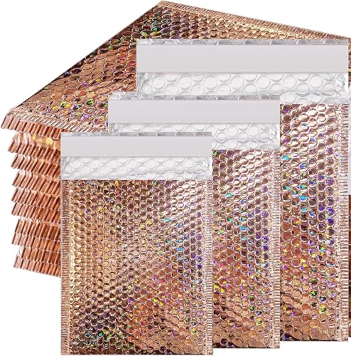EOGRFW 50 Stück Luftpolsterumschläge Holographisch, Wasserdichte Gepolsterte Umschläge, Luftpolster Versandtaschen, Selbstklebende Luftpolstertaschen für Versand und Verpackung, 3 Größe, Roségold von EOGRFW