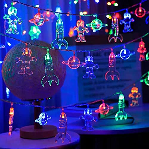 EONANT 20 LED Kinderzimmer LED Lichterketten 10ft Astronaut Raumschiff Rakete Schlafzimmer Anhänger Dekoration, batteriebetriebene Wand Fenster Weihnachten Hof Urlaub Party Lichter(Mehrfarbig) von EONANT