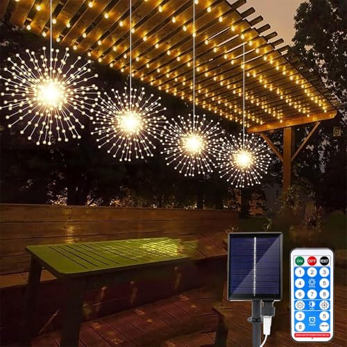 EONANT 4 Pack Solarfeuerwerk Lichter, 480LED wasserdicht Starburst Kupferdraht hängende Dekoration, 8 Beleuchtungsmodi mit Fernbedienung, Garten Party Weihnachten Hochzeit Dekoration (Warm Weiß) von EONANT