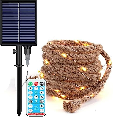 EONANT Solar Hanf Seil Licht Outdoor LED warm weißes Licht wasserdichte Retro Hanf Seil Garten Dekoration mit 8 Modi der Fernbedienung Balkon Hof Innen und Outdoor Märchen Lichter (10M 200LED) von EONANT