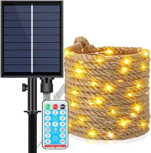 EONANT Solar Hanf Seil Licht Outdoor LED warm weißes Licht wasserdichte Retro Hanf Seil Garten Dekoration mit 8 Modi der Fernbedienung Balkon Hof Innen und Outdoor Märchen Lichter (5M 100LED) von EONANT