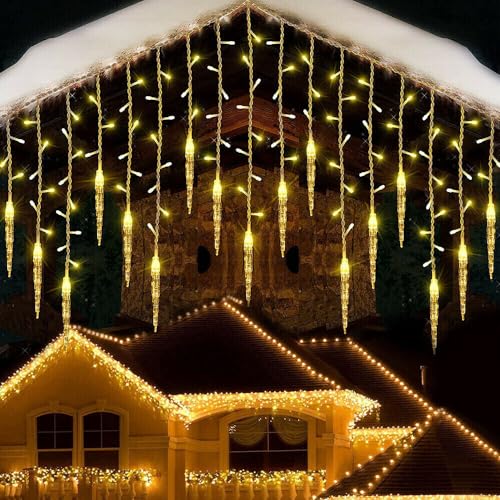 EONANT Solarbetriebene Weihnachtseiszapfen Licht, 13.1 Fuß 8-Mode Märchenvorhang Licht mit Fernbedienung, 19-Tropfen Weihnachtssprite blinkende Licht, Dachhochzeitferien Dekoration (Warm Weiß) von EONANT