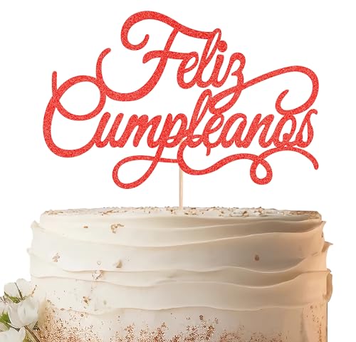 EONNCNT Feliz Cumpleaños Tortenaufsatz, roter Glitzer, spanische Happy Birthday Party, Kuchendekoration, Zubehör – Mexiko, Fiesta, Geburtstagskuchendekoration, Foto-Requisiten von EONNCNT