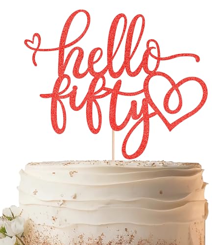 EONNCNT Hello Fifty Tortenaufsatz, roter Glitzer, 50. Geburtstag, Kuchendekoration, Zubehör für Frauen, Hello 50 Kuchendekoration für 50. Geburtstag/Jahrestag, Party, Foto-Requisiten EONNCNT Hello Fifty Tortenaufsatz, roter Glitzer, 50. Geburtstag, Kuchendekoration, Zubehör für Frauen, Hello 50 Kuchendekoration für 50. Geburtstag/Jahrestag, Party, Foto-Requisiten von EONNCNT