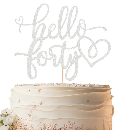 EONNCNT Hello Forty Tortenaufsatz – Silber Glitzer 40. Geburtstag Kuchendekoration Zubehör für Frauen, Hello 40 Kuchendekoration für 40. Geburtstag/Jahrestag, Party, Foto-Requisiten von EONNCNT