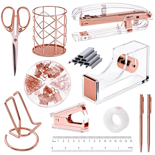 EOOUT Bürobedarfsset aus rotgoldenem Acryl, Schreibtischzubehör, Hefter-Set, Heftklammerentferner, Telefonhalter, Stifthalter, Schere, Lineal, transparentes Klebeband und Heftklammern usw von EOOUT