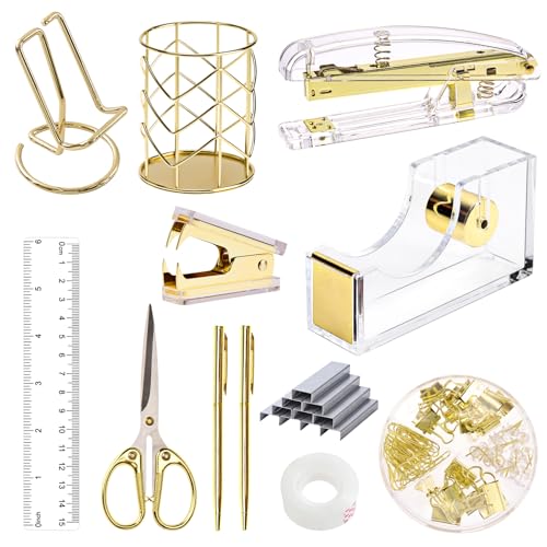 EOOUT Gold Office Supplies Set Schreibtischzubehör, Acryl Heftgerät Set Heftklammerentferner, Telefonhalter, Klebebandhalter, Stifthalter, Lineal, transparenter Kleber und Heftklammern. EOOUT Gold Office Supplies Set Schreibtischzubehör, Acryl Heftgerät Set Heftklammerentferner, Telefonhalter, Klebebandhalter, Stifthalter, Lineal, transparenter Kleber und Heftklammern. von EOOUT