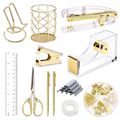 EOOUT Gold Office Supplies Set Schreibtischzubehör, Acryl Heftgerät Set Heftklammerentferner, Telefonhalter, Klebebandhalter, Stifthalter, Lineal, transparenter Kleber und Heftklammern. von EOOUT