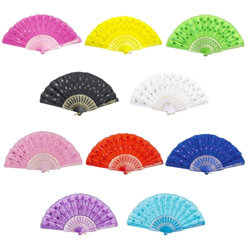 EOSAU Handfächer für Damen, faltbar, spanische Fächer, elegant, Pfauen-Paillettenstoff, faltbar, für Linientanz, Hochzeit, Party, Kirche, 10 Stück (bunt) von EOSAU