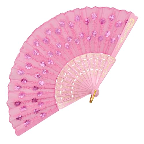 EOSAU Handfächer für Damen, faltbar, spanische Fächer, handgehalten, eleganter Pfauen-Paillettenstoff, faltbarer Handfächer für Linientanz, Hochzeit, Party, Gastgeschenke, Kirche (Rosa) von EOSAU