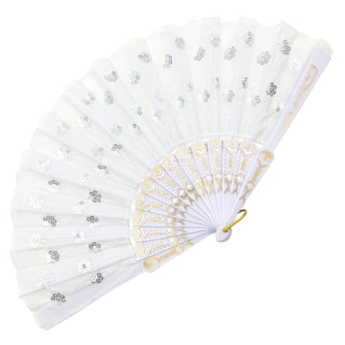 EOSAU Handfächer für Damen, faltbar, spanische Fächer, handgehalten, eleganter Pfauen-Paillettenstoff, faltbarer Handfächer für Linientanz, Hochzeit, Party, Gastgeschenke, Kirche (weiß) von EOSAU