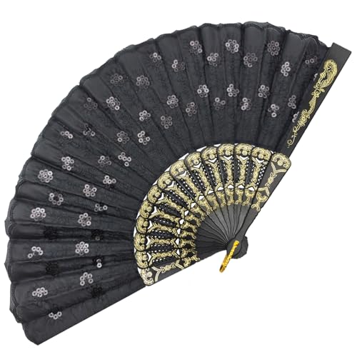 EOSAU Handfächer für Damen, faltbar, spanischer Faltfächer, elegant, Pfauen-Paillettenstoff, faltbar, für Linientanz, Hochzeit, Party, Gastgeschenke, Kirche (schwarz) von EOSAU