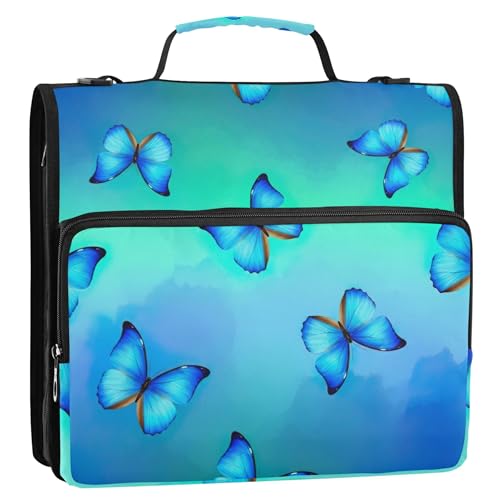 3 Ringbinder, strapazierfähig, 3,8 cm, lebendige blaue Schmetterlinge, blaugrün, Reißverschluss, Organizer mit Riemen, Mittelschultasche, Dokumentenmappe und Etui, Ringordnerhalter 3 Ringbinder, strapazierfähig, 3,8 cm, lebendige blaue Schmetterlinge, blaugrün, Reißverschluss, Organizer mit Riemen, Mittelschultasche, Dokumentenmappe und Etui, Ringordnerhalter von EOSDT