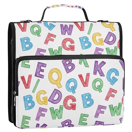 Bunter Alphabet-Ordner, weiß, mit Reißverschluss, 3 Ringbücher, 3,8 cm, D-Ring, Mittelschulmappe mit Gurt, mehrere Taschen, große Portfolio-Mappe Bunter Alphabet-Ordner, weiß, mit Reißverschluss, 3 Ringbücher, 3,8 cm, D-Ring, Mittelschulmappe mit Gurt, mehrere Taschen, große Portfolio-Mappe von EOSDT