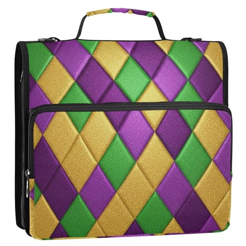 Bunter Rhombus-Ordner, Reißverschluss, 3 Ringbücher, 3,8 cm, D-Ringbücher mit Riemen, mittlere Schultasche, mehrere Taschen, große Portfolio-Mappe von EOSDT