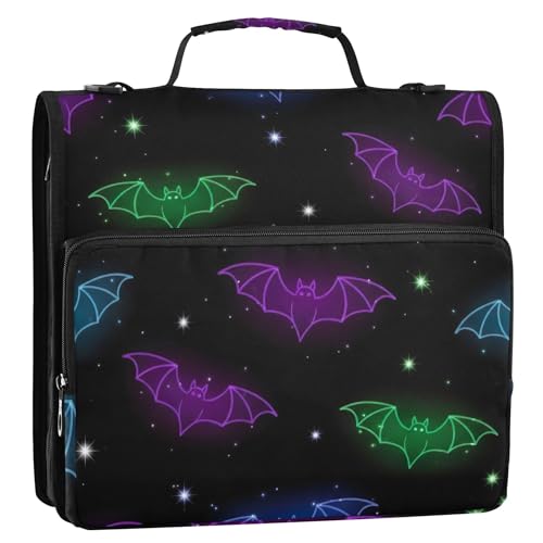 Business-Ordner, 3,8 cm (1 1/2 Zoll), 3 Ringe, neonfarben, bunte Fledermäuse, schwarz, Reißverschluss, Organizer, mehrere Taschen, große Portfolio-Mappe, Ordnertasche mit Gurt für die Schule von EOSDT