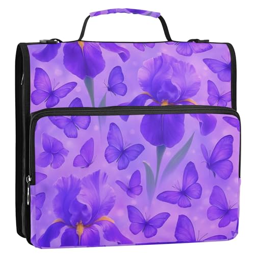 Dokumentenmappe, 3,8 cm, 3-Ring-Ordner, D-Ring, violett, Iris-Blumen, violette Schmetterlinge, Reißverschluss, Organizer, mehrere Taschen, große Portfolio-Mappe, Mittelschule, Ordnertasche mit Gurt Dokumentenmappe, 3,8 cm, 3-Ring-Ordner, D-Ring, violett, Iris-Blumen, violette Schmetterlinge, Reißverschluss, Organizer, mehrere Taschen, große Portfolio-Mappe, Mittelschule, Ordnertasche mit Gurt von EOSDT