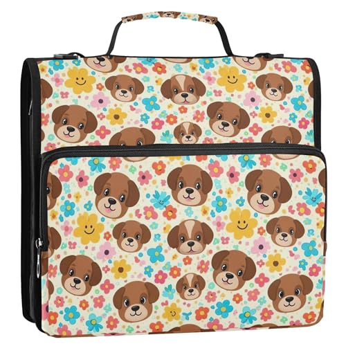 Großer Ordner-Organizer mit Reißverschluss, 3,8 cm, 3 Ringordner, D-Ring, niedlicher brauner Hund, buntes Blumenmuster, Aufbewahrungsmappe mit Griff, Schulbinder, Tasche mit Schultergurt Großer Ordner-Organizer mit Reißverschluss, 3,8 cm, 3 Ringordner, D-Ring, niedlicher brauner Hund, buntes Blumenmuster, Aufbewahrungsmappe mit Griff, Schulbinder, Tasche mit Schultergurt von EOSDT