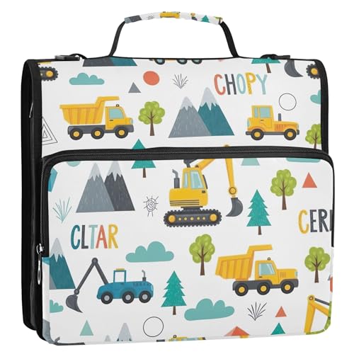 Lustiger Ordner mit Reißverschluss, 3,8 cm, 3 Ringe, Cartoon-Baufahrzeuge, mehrere Taschen, große Portfolio-Mappe, Mittelschule, Bindertasche mit Gurt Lustiger Ordner mit Reißverschluss, 3,8 cm, 3 Ringe, Cartoon-Baufahrzeuge, mehrere Taschen, große Portfolio-Mappe, Mittelschule, Bindertasche mit Gurt von EOSDT