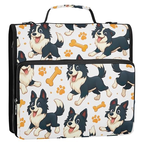 Ordner, 3,8 cm, 3 Ringe, Cartoon-Border Collie, Hunde, Drucke, Reißverschluss, Ordner, Tasche mit Gurt für Schule, Druck, mehrere Taschen, große Portfolio-Mappe Ordner, 3,8 cm, 3 Ringe, Cartoon-Border Collie, Hunde, Drucke, Reißverschluss, Ordner, Tasche mit Gurt für Schule, Druck, mehrere Taschen, große Portfolio-Mappe von EOSDT