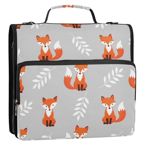 Ordner, 3 Ringordner, D-Ring-Reißverschluss, Ordner, Schulordner, Tasche mit Schultergurt, mehrere Taschen, große Portfolio-Mappe mit süßem orangefarbenem Füchsen, Grau, 3,8 cm Ordner, 3 Ringordner, D-Ring-Reißverschluss, Ordner, Schulordner, Tasche mit Schultergurt, mehrere Taschen, große Portfolio-Mappe mit süßem orangefarbenem Füchsen, Grau, 3,8 cm von EOSDT