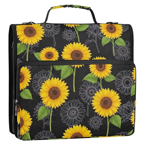 Ordner mit 3 Ringen, strapazierfähig, mit Reißverschluss, 3,8 cm, mit Schultergurt, mehrere Taschen, große Portfolio-Mappe mit gelben Sonnenblumen, Schwarz Ordner mit 3 Ringen, strapazierfähig, mit Reißverschluss, 3,8 cm, mit Schultergurt, mehrere Taschen, große Portfolio-Mappe mit gelben Sonnenblumen, Schwarz von EOSDT