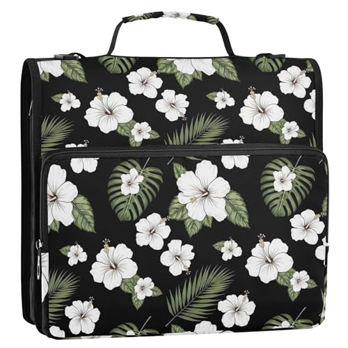 Ordner mit Reißverschluss, tropische Hibiskusblüten und Blätter, schwarz, 3 Ringbücher, 3,8 cm, D-Ringe, Stoff-Schulbinder, Tasche mit Schultergurt, mehrere Taschen, große Portfolio-Mappe Ordner mit Reißverschluss, tropische Hibiskusblüten und Blätter, schwarz, 3 Ringbücher, 3,8 cm, D-Ringe, Stoff-Schulbinder, Tasche mit Schultergurt, mehrere Taschen, große Portfolio-Mappe von EOSDT