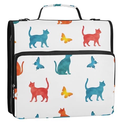 Ordner mit bunten Katzen und Schmetterlingen, 3,8 cm, 3 Ringe, strapazierfähig, Reißverschluss, Organizer, Tasche mit Gurt für die Schule, niedliche Multi-Taschen, große Portfolio-Mappe von EOSDT
