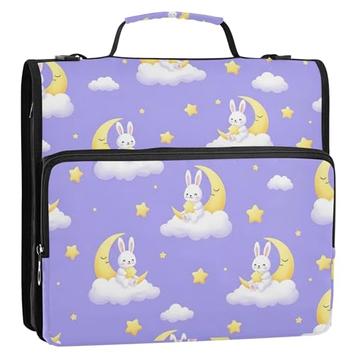Reiseordner mit Reißverschluss, 3,8 cm, 3 Ringe, strapazierfähig, niedliche Hasen, Monde, Wolken, violett, Aufbewahrungsmappe mit Griff, Schulmappe mit Schultergurt Reiseordner mit Reißverschluss, 3,8 cm, 3 Ringe, strapazierfähig, niedliche Hasen, Monde, Wolken, violett, Aufbewahrungsmappe mit Griff, Schulmappe mit Schultergurt von EOSDT