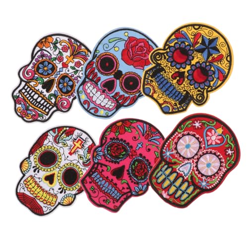 EPIGEIST 6 Stück Bestickte Schädel Aufnäher zum Aufbügeln Langlebige Polyester Patches Modische Punk Applikationen für Jacken Rucksäcke Kleidung Vielseitig zum Nähen und Reparieren von EPIGEIST