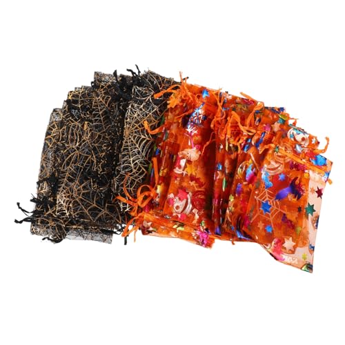 EPIGEIST 60 Stück Teiliges Halloween Organza Geschenkbeutel mit Netzstruktur Schwarzem Goldspinnen und Orangem Kürbisdesign mit Zugband für Süßigkeiten Snacks und Partygeschenke von EPIGEIST