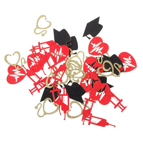 EPIGEIST Glänzendes Nurse Graduation Party Konfetti mit Goldenen Stethoskopen Roten Herzen Schwarzen Doktorhüten und Roten Nadelstreifen Tischdekoration für Abschlussfeier von EPIGEIST