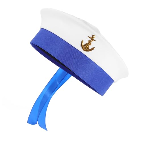 EPIGEIST Weißer Matrosenhut mit Blauem Rand und Goldenem Symbol Runde Seglermütze ohne Krempe Unisex Kostümaccessoire für Party Cosplay und Seefahrer Outfits von EPIGEIST