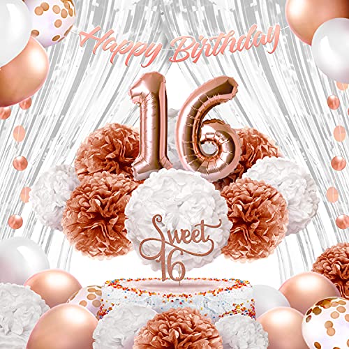 Die 41-teilige roségoldene Sweet 16-Geburtstagsdekoration für Mädchen von EpiqueOne enthält ein „Happy Birthday“-Banner, einen Kuchenaufsatz, Seidenstoff-Pom-Poms und mehr von EPIQUEONE