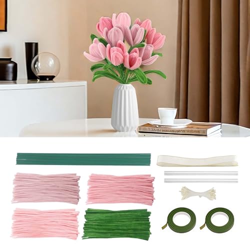 400 Stück pfeifenputzer zum basteln - Tulpenstrauß DIY Zubehör mit 20 grünen Blumenstielen, Geschenkband & Staubblatt - 4 Farben (Dunkelrosa, Mittelrosa, Hellrosa) von EPODA