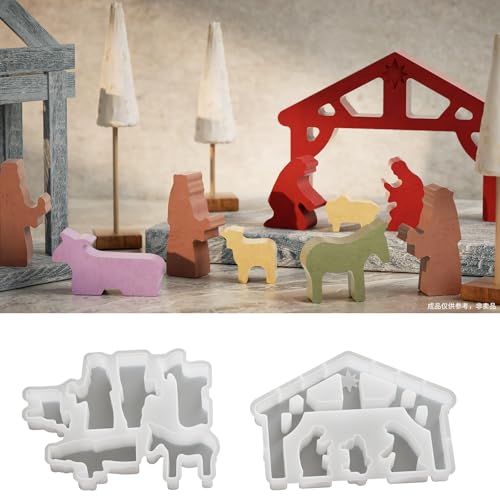 EPODA 2 Stück Krippe Silikon Gießform Krippe Set Silikonform Weihnachten Krippenfiguren Gießformen Silikon DIY Handwerk Heimdekoration Weihnachtskrippe von EPODA