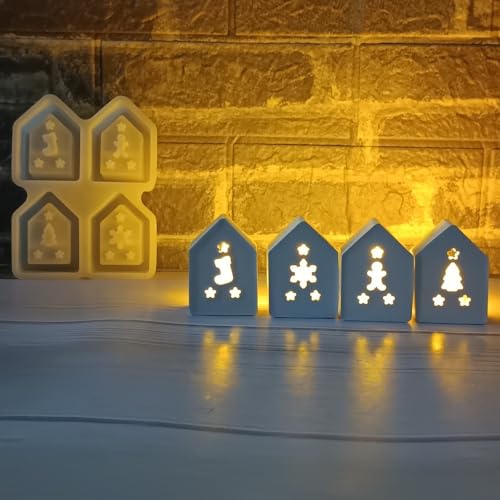 EPODA 4 Stück Silikonform Haus Weihnachten Mini Häuser Gießformen Silikon Gips Kerzenhalter DIY Weihnachtsdeko Silikonformen Häuser von EPODA