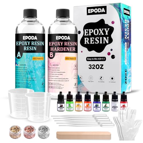 EPODA Epoxidharz 32oz/946ml, Resin GießHarz 1 Zu 1, Epoxidharz Set Anfänger - Bonus Messbecher, HolzstäBchen, Handschuhe, Farbe, Goldfolie und Tropfpipette EPODA Epoxidharz 32oz/946ml, Resin GießHarz 1 Zu 1, Epoxidharz Set Anfänger - Bonus Messbecher, HolzstäBchen, Handschuhe, Farbe, Goldfolie und Tropfpipette von EPODA