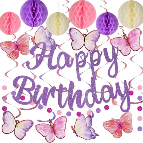 EPODA Lila Happy Birthday Deko Set - Mit Wabenball & Schmetterlings-Girlande - Kreisförmige Punkt-Dekoration für Frauen & Mädchen Geburtstagsfeier von EPODA
