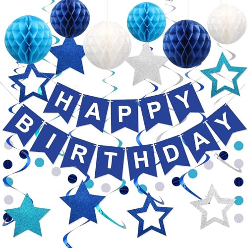 EPODA Marine Geburtstagsdeko mit Pompoms & Luftballons - Happy Birthday Banner & Girlande - Kinderparty Deko für Mädchen, Jungen & Erwachsene von EPODA