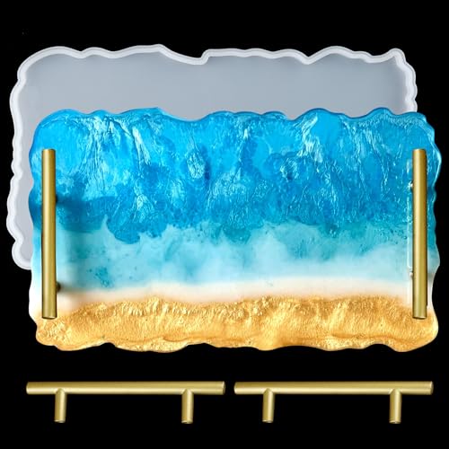 EPODA Rechteck Tablett Silikonform mit Gold Griffen - Großformatige Epoxidharz Gießform - Für Servierbretter & DIY Tischdekoration von EPODA