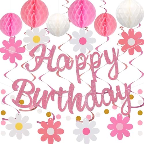 EPODA Rosa Happy Birthday Deko Set - Mit Wabenball & Gänseblümchen-Girlande - Kreispunkt-Dekoration für Frauen & Mädchen Geburtstagsfeier von EPODA