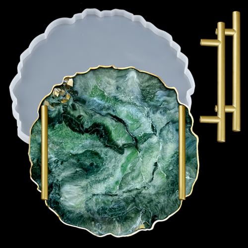 EPODA RundTablett Silikonform mit Gold Griffen - Großformatige Epoxidharz Gießform - Für Servierbretter & DIY Tischdekoration von EPODA